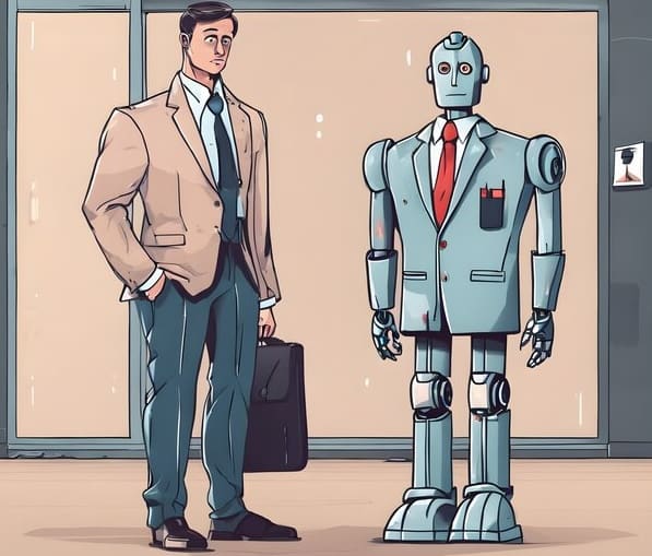 businessman standing next to AI robot
